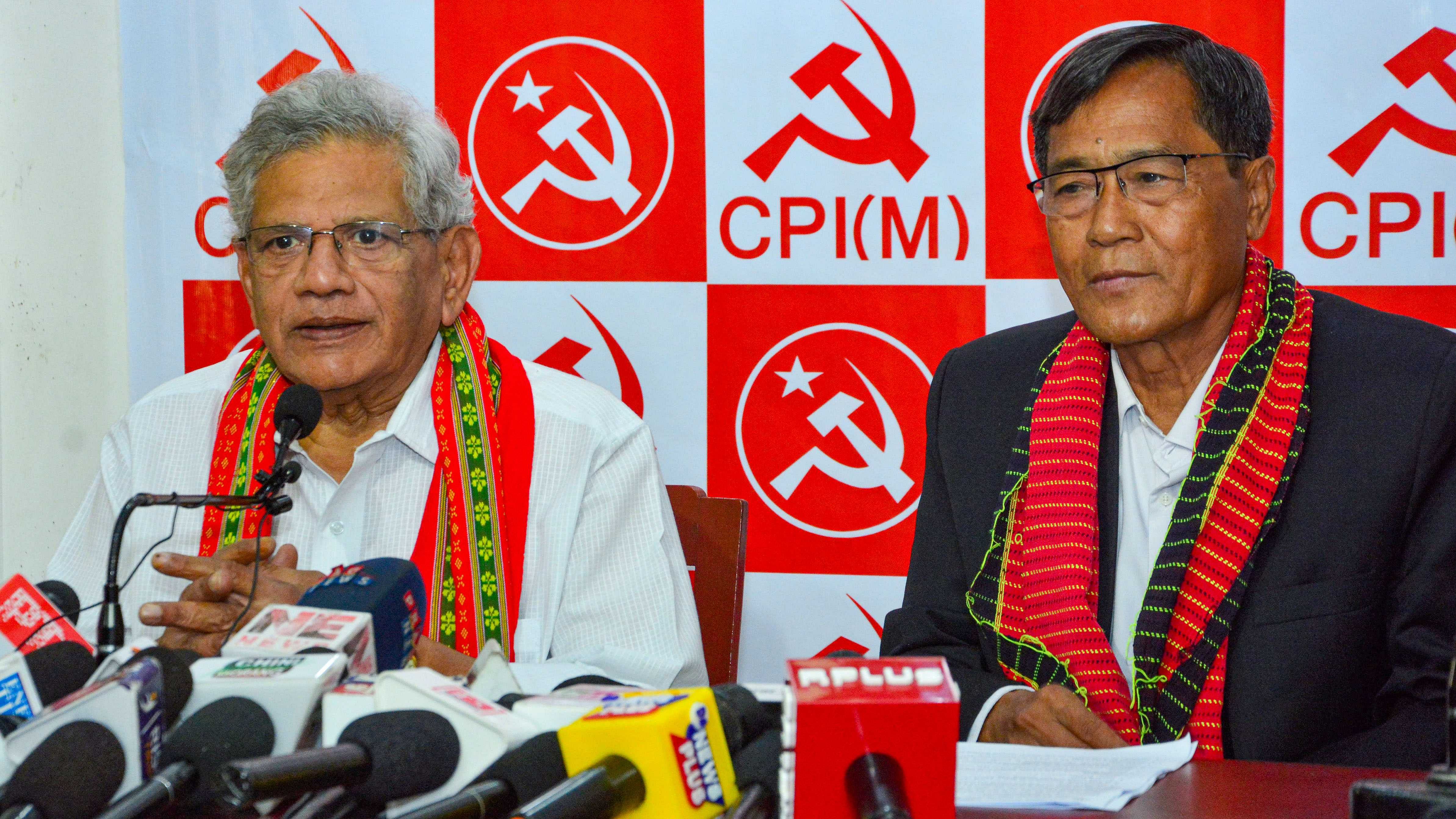CPI (M) General Secretary Sitaram Yechury with CPI(M) Tripura Secretary Jitendra Chaudhary (R): Credit: PTI Photo