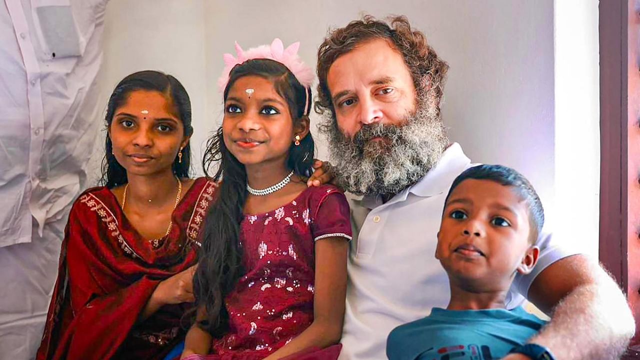 Congress Leader Rahul Gandhi with beneficiaries of Kaithangu project, in Wayanad, Monday, Feb. 13, 2023. Credit: PTI Photo