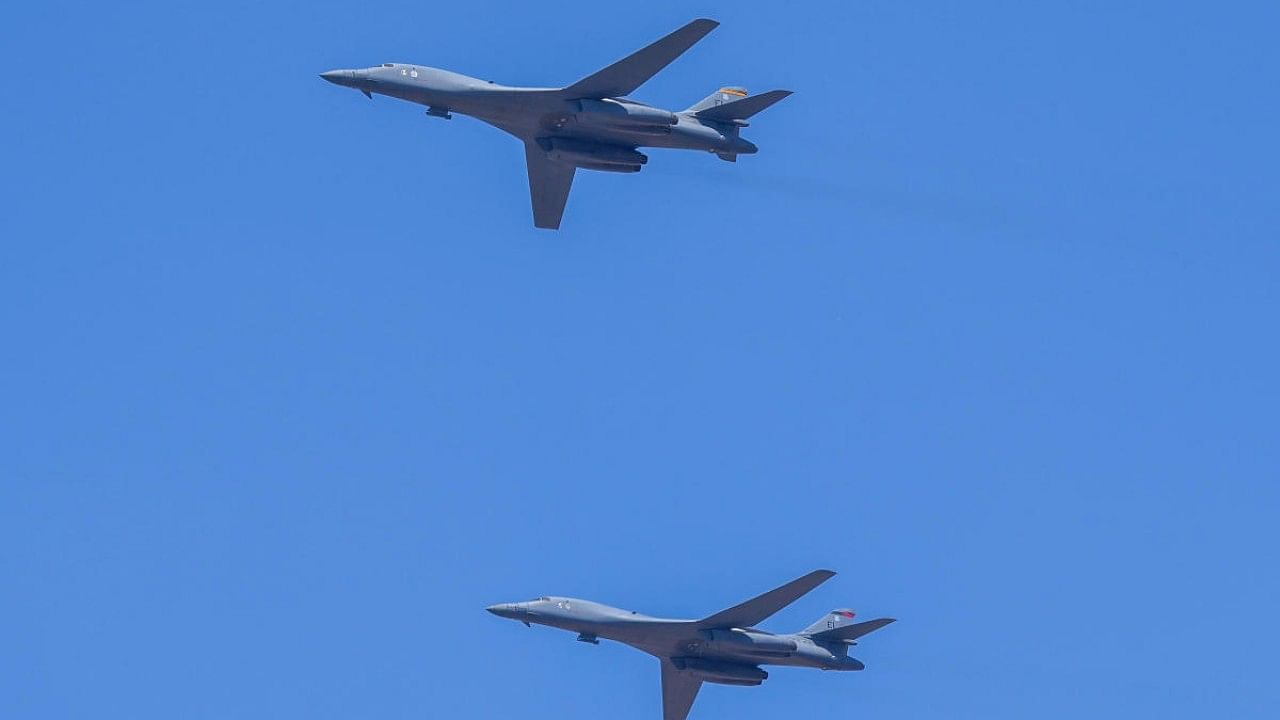 US Air Force's B-1B Lancer Bomber jets arrive to take part in the Aero India 2023 on its 2nd day, at Yelahanka Air base in Bengaluru. Credit: PTI Photo