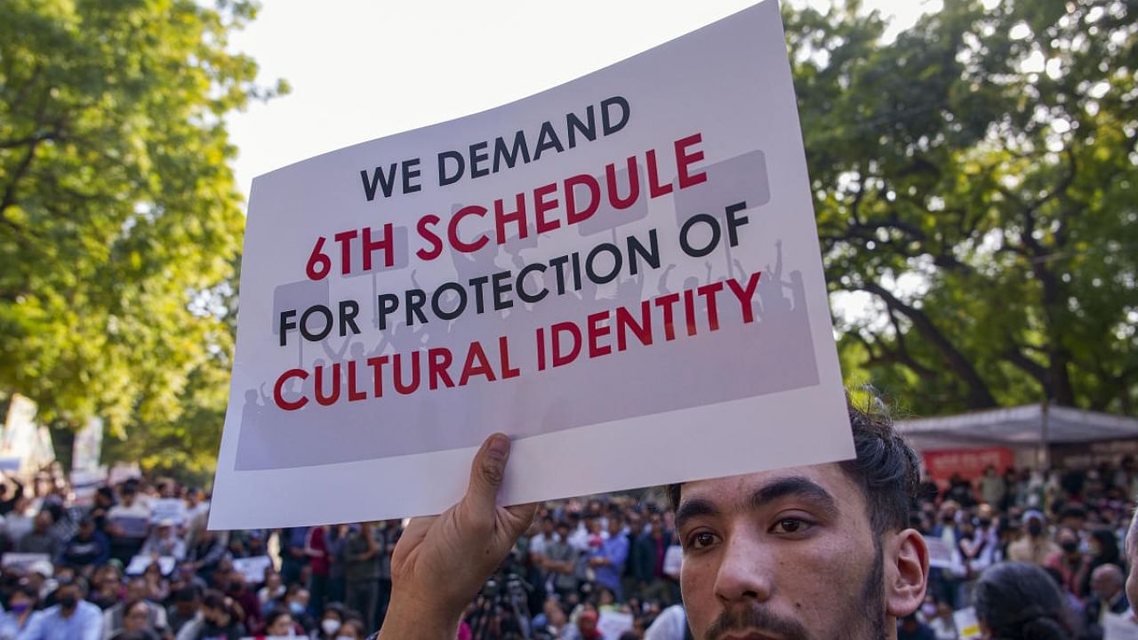 Ladakhi people stage a protest demanding at Jantar Mantar, in New Delhi. Credit: PTI Photo