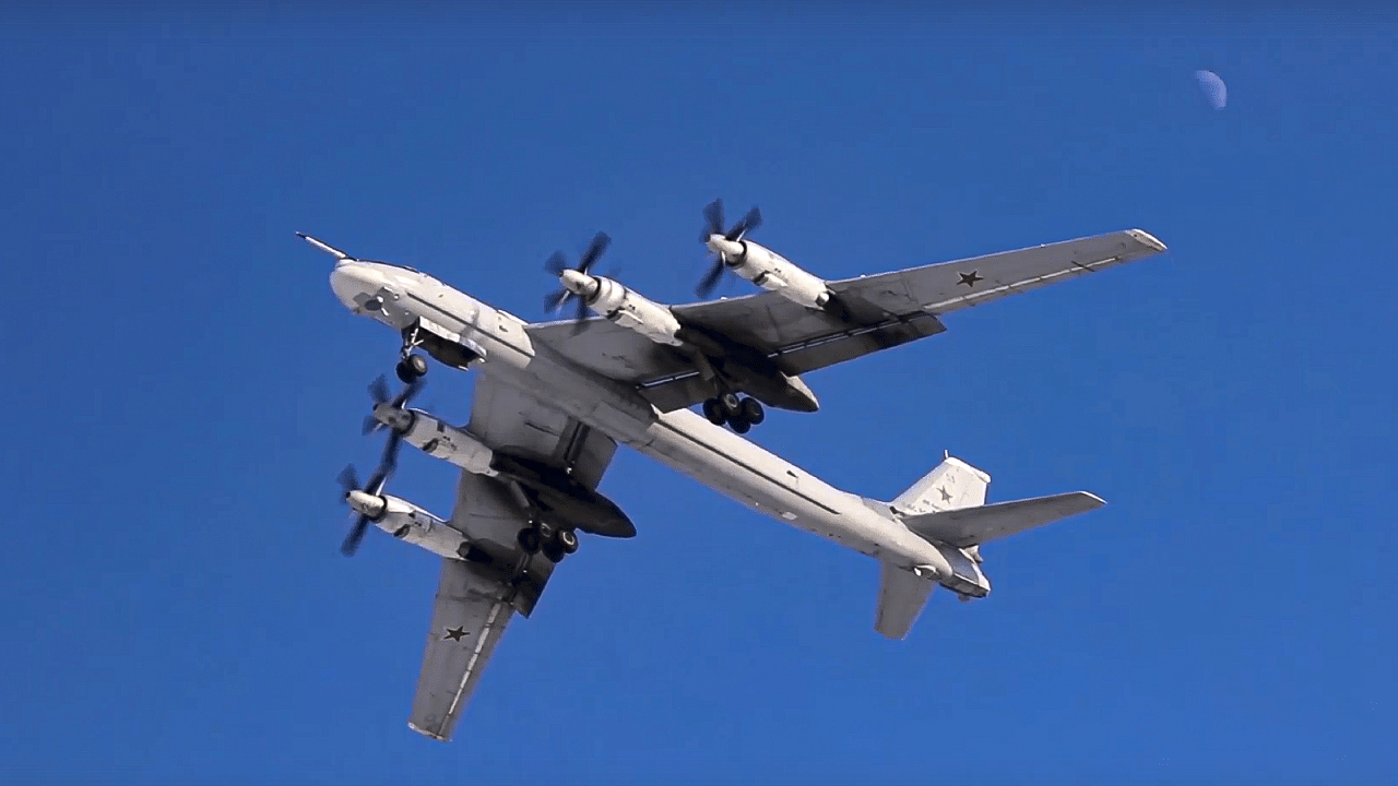 A Tu-95MS strategic bomber of the Russian air force is seen from another one during their mission. Credit: Russian Defense Ministry Press Service via AP/PTI