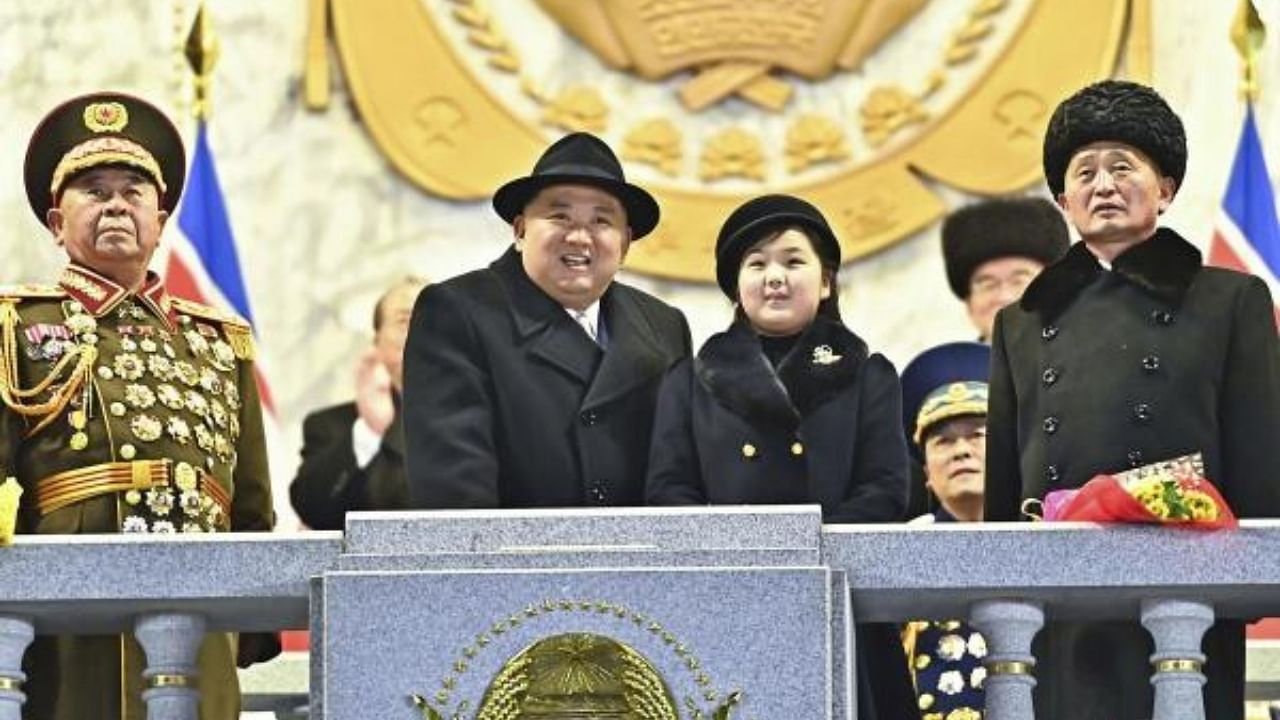 Kim's daughter, reportedly named Kim Ju Ae and aged about 10, attended a military parade with her father to mark the 75th founding anniversary of the Korean People's Army on Kim Il Sung Square in Pyongyang, North Korea, February 8, 2023. Credit: KCNA/PTI Photo