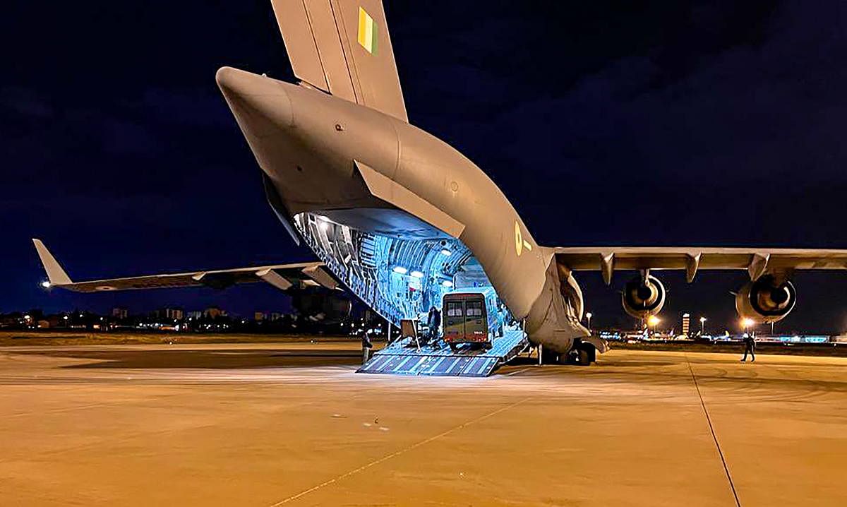 An Indian Air Force plane in Turkey, delivering relief under ‘Operation Dost’.