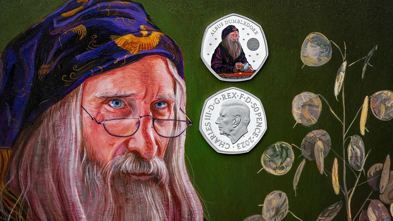 A new 50 pence collectible coin design released by the UK's Royal Mint on Thursday featuring Harry Potter character Professor Dumbledore and King Charles III. Credit: PTI Photo