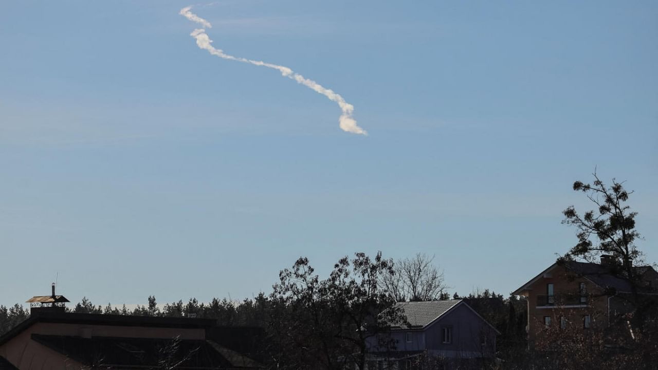 A missile trace is seen in a sky, as Russia's attack on Ukraine continues, near Kyiv, Ukraine February 15, 2023. Credit: Reuters Photo