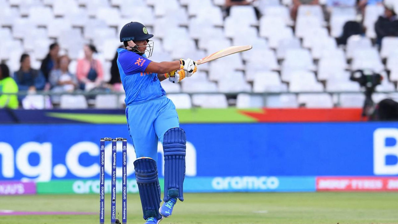 India's Richa Ghosh plays a shot against West Indies. Credit: AFP Photo