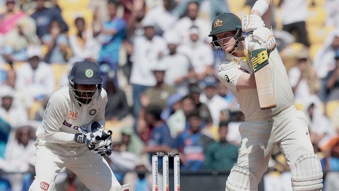 Australia's Steve Smith plays a shot during the third day of the first cricket test match between India and Australia in Nagpur,on Saturday. Credit: IANS Photo  