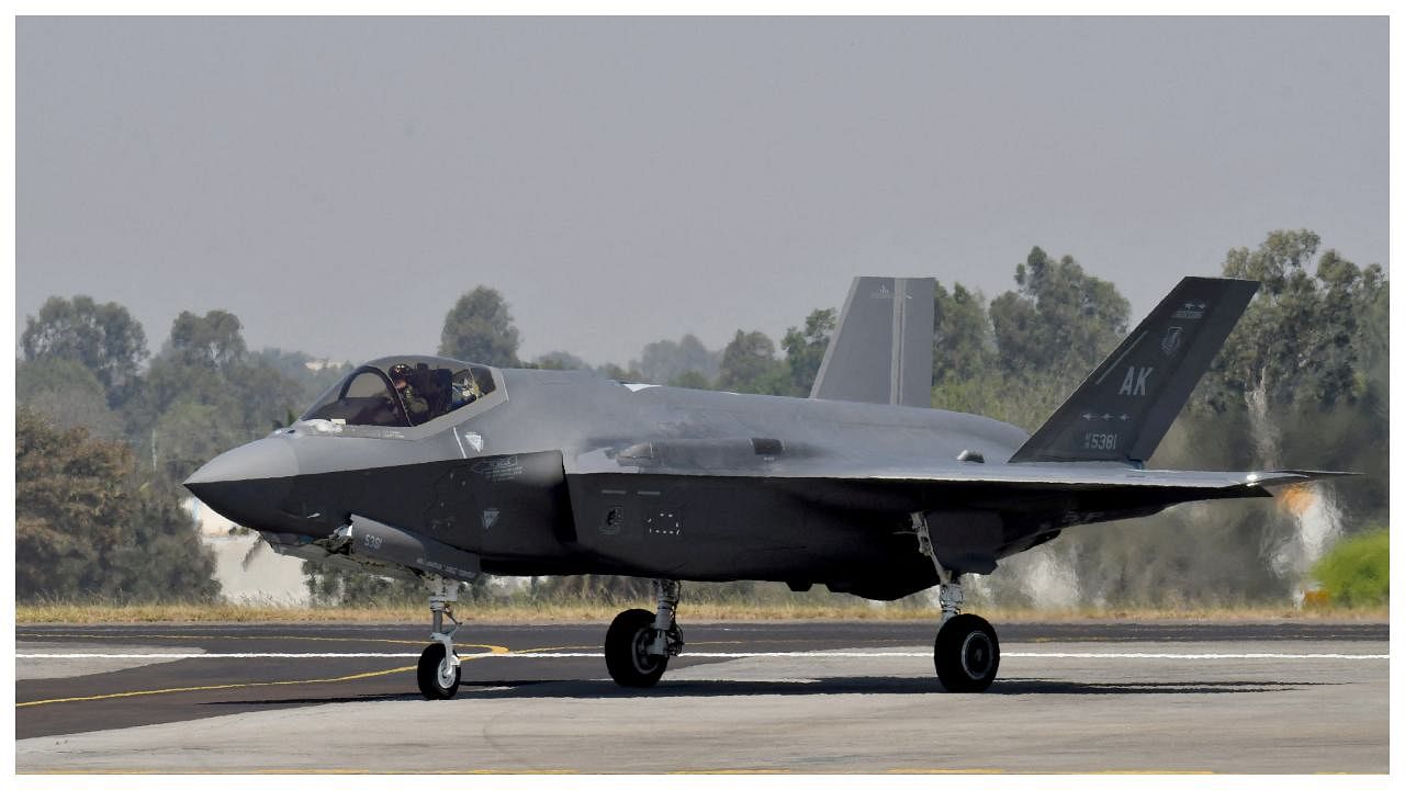 A US Air Force F-35 fighter jet taxis during the Aero India 2023 air show at Yelahanka air base in Bengaluru. Credit: PTI Photo