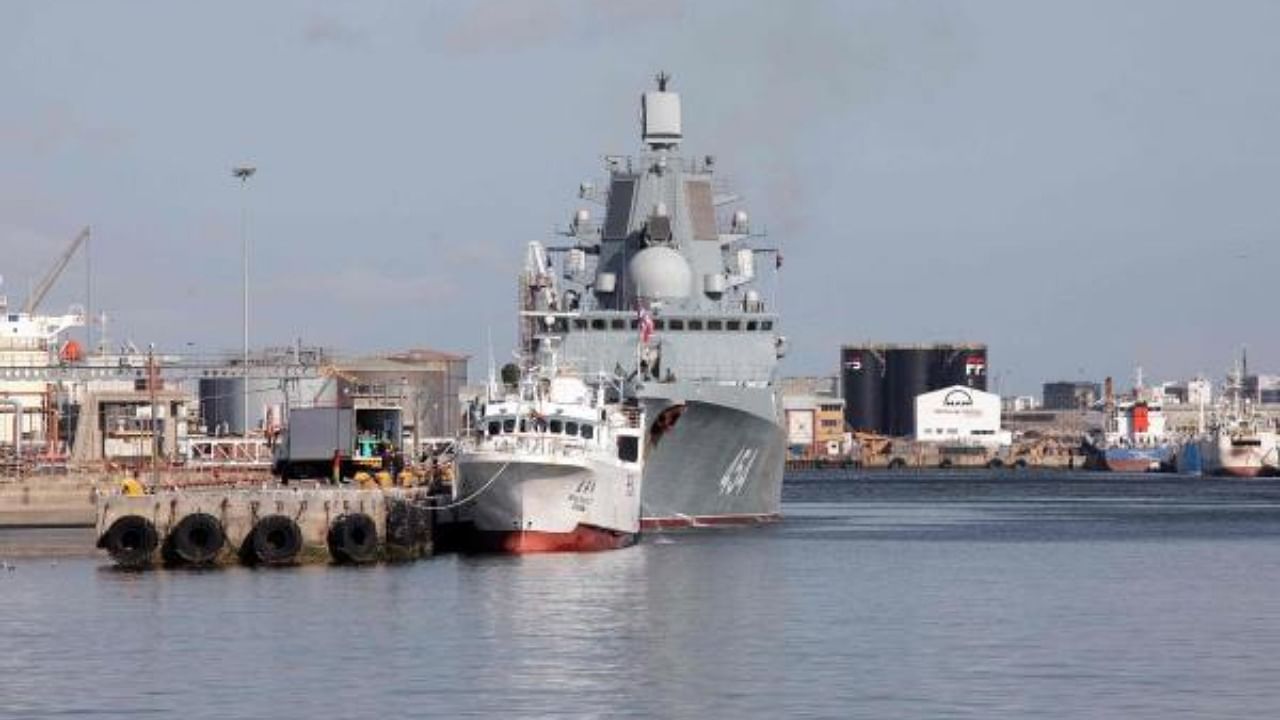 Russian military frigate 'Admiral Gorshkov' docked in the harbour of Cape Town on February 13, 2023 ahead of 10-day joint maritime drills being staged alongside South Africa and China. Credit: AFP Photo