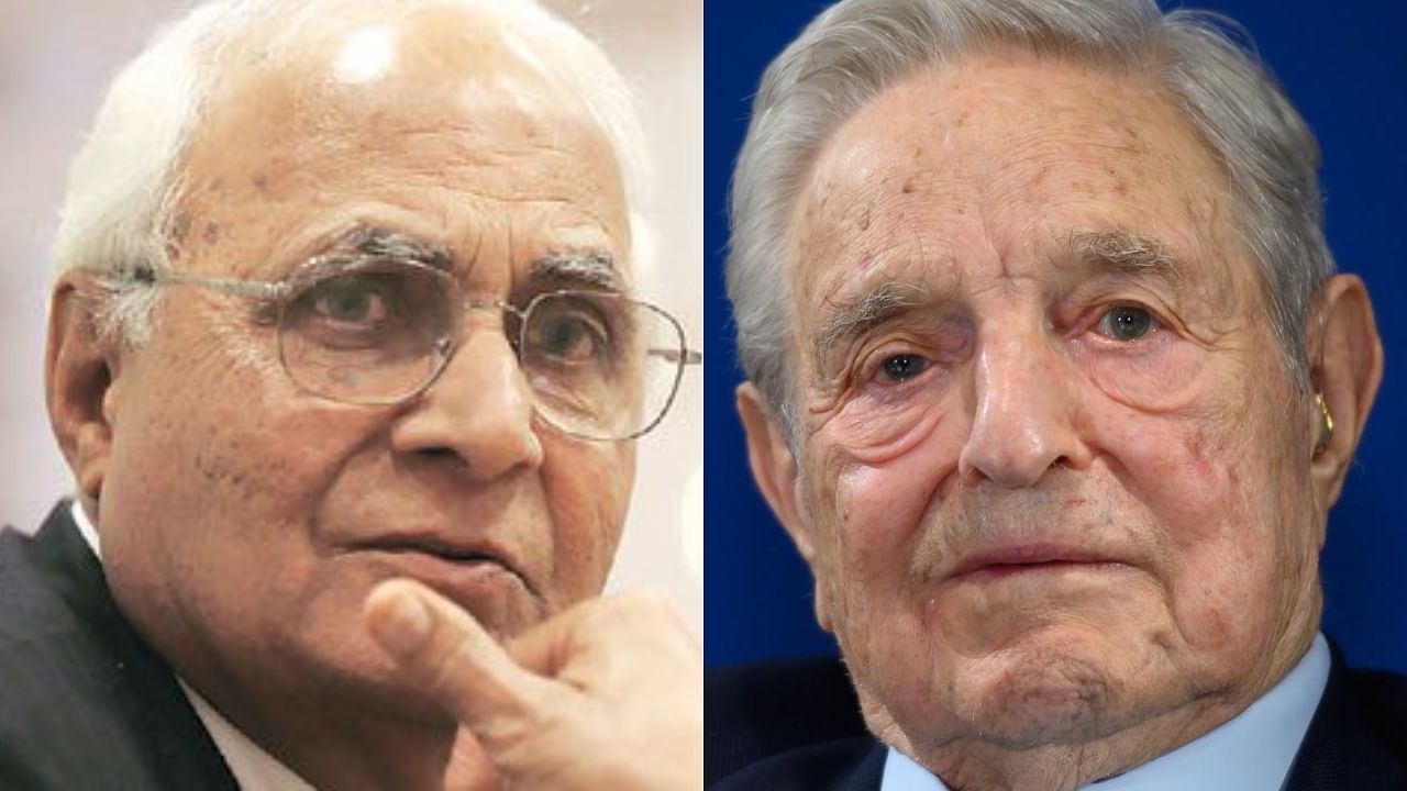 K P Singh, George Soros. Credit: Twitter/@globalissuesweb, AFP Photo