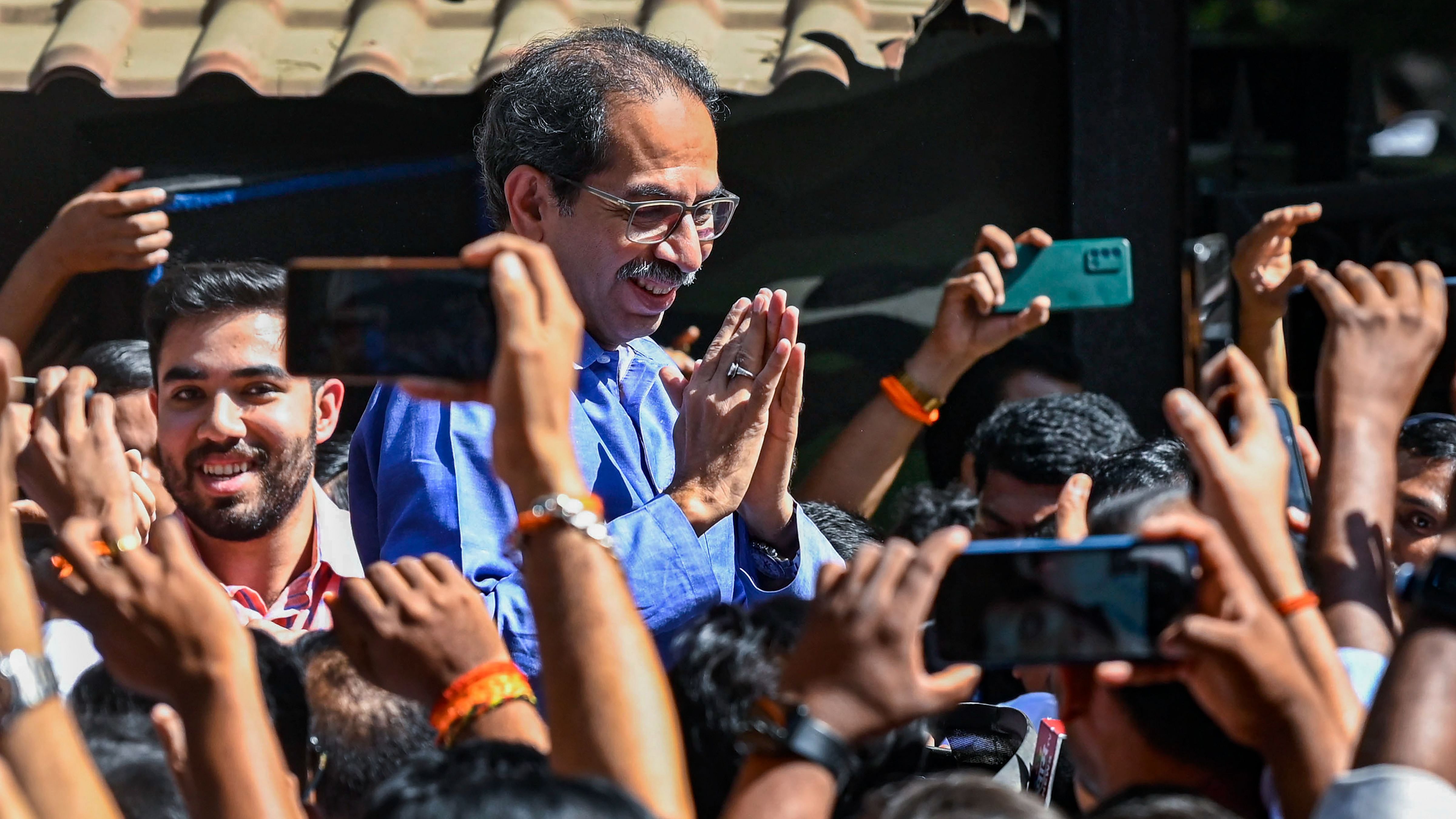 Former Maharashtra chief minister Uddhav Thackeray outside Matoshree, a day after the Election Commission of India recognised Shinde faction as the real Shiv Sena. Credit: PTI Photo