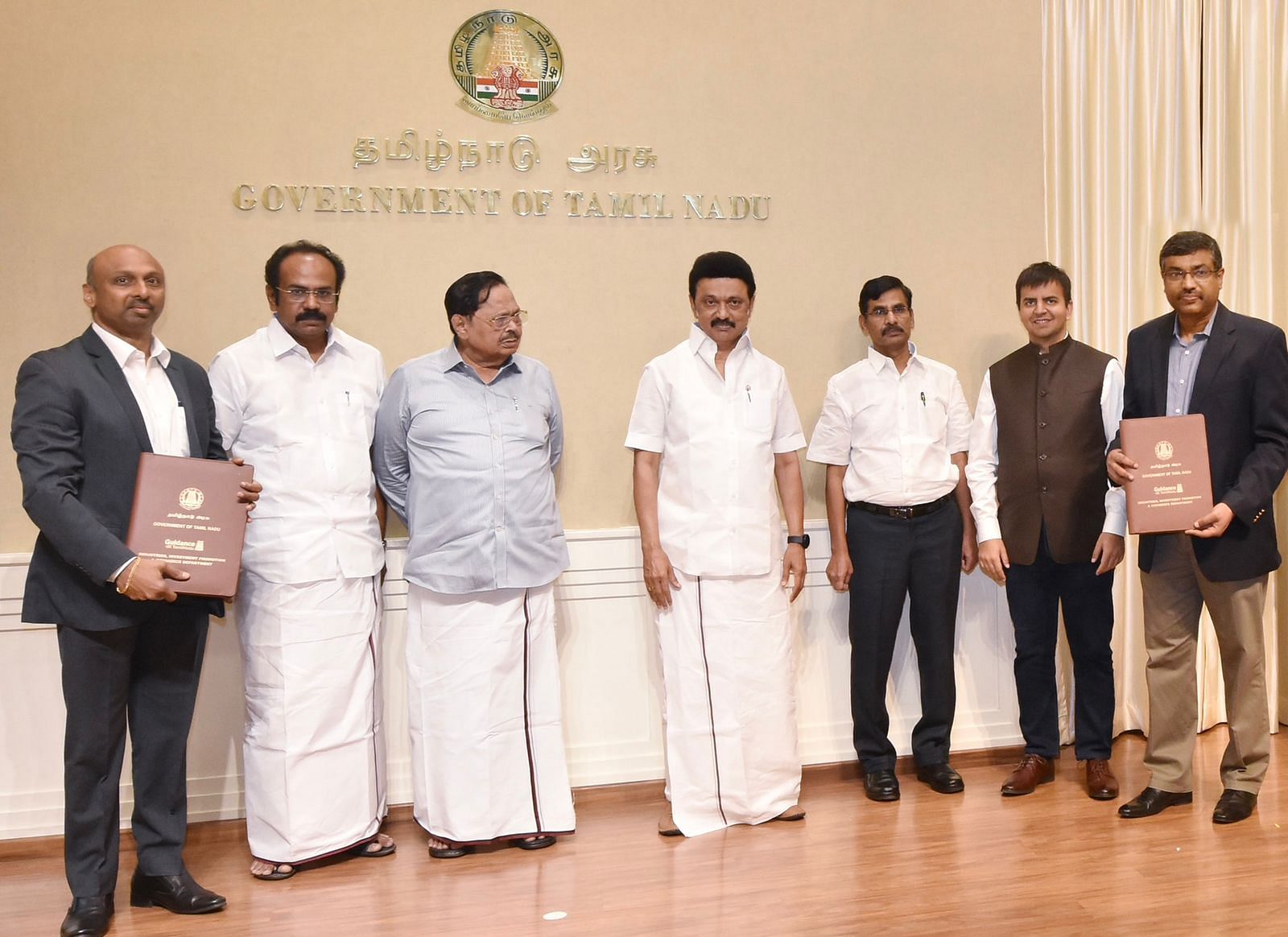 Tamil Nadu Chief Minister M K Stalin with S Krishnan, Additional Chief Secretary (Industries), and G R Arun Kumar, CFO, Ola Electric on Saturday after signing the MoU. Credit: Special arrangement