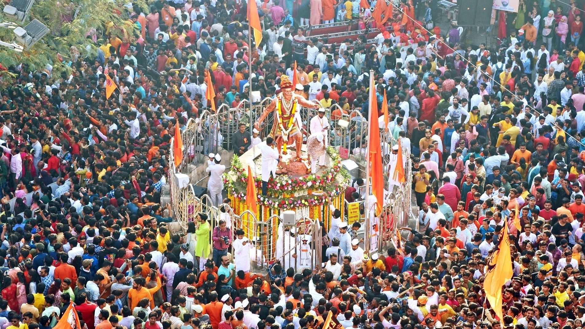 Thousands of people at Shivaji Chowk to celebrate the birth anniversary of Chhatrapati Shivaji Maharaj in Nagpur. Credit: IANS Photo