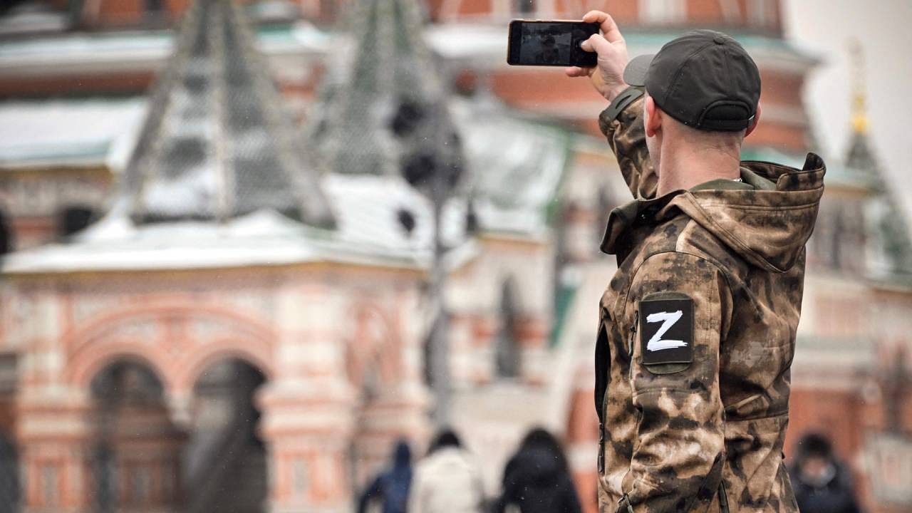 A man wearing military uniform with a Z letter, a tactical insignia of Russian troops in Ukraine. Credit: AFP Photo