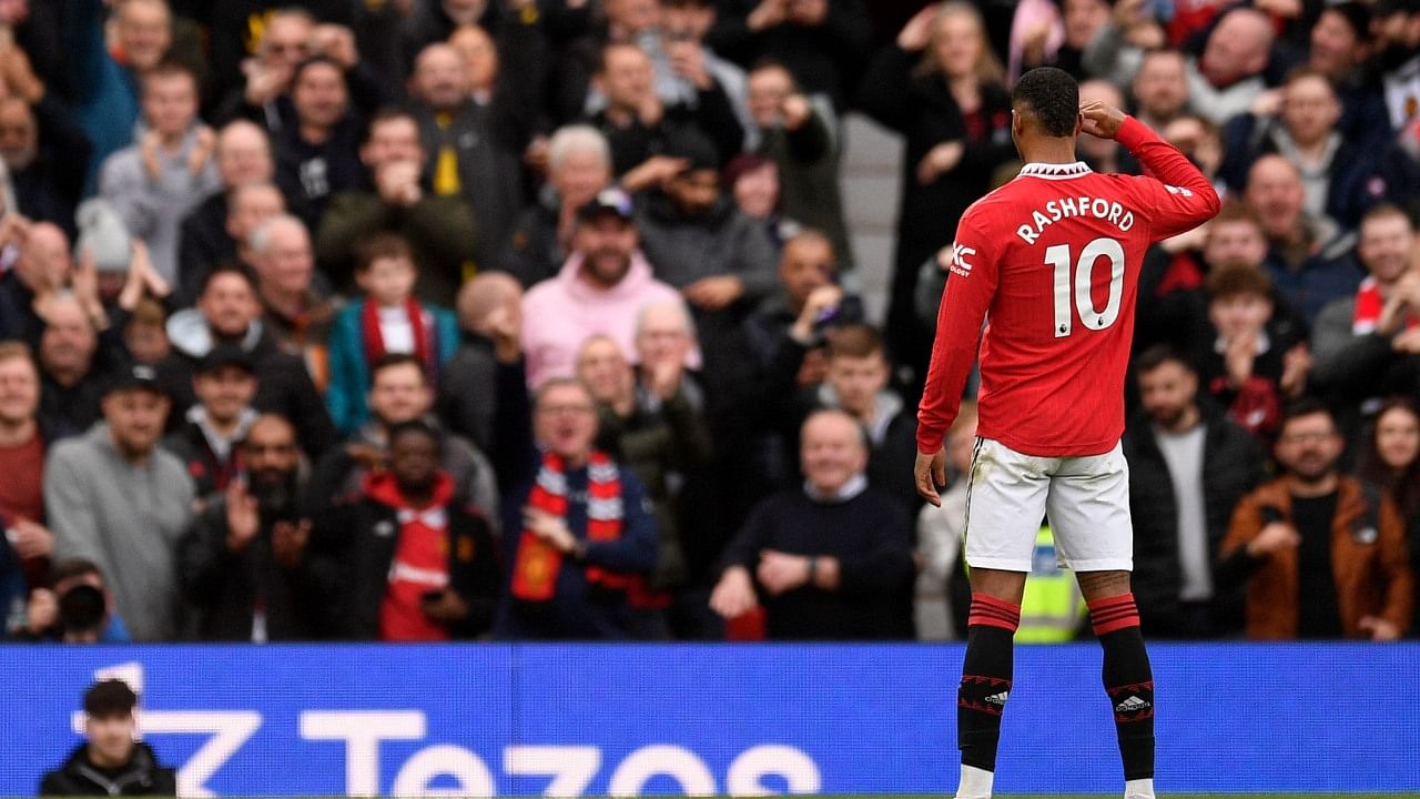 Marcus Rashford celebrates scoring United's second goal against Leicester, Saturday, February 19, 2023. Credit: AFP Photo