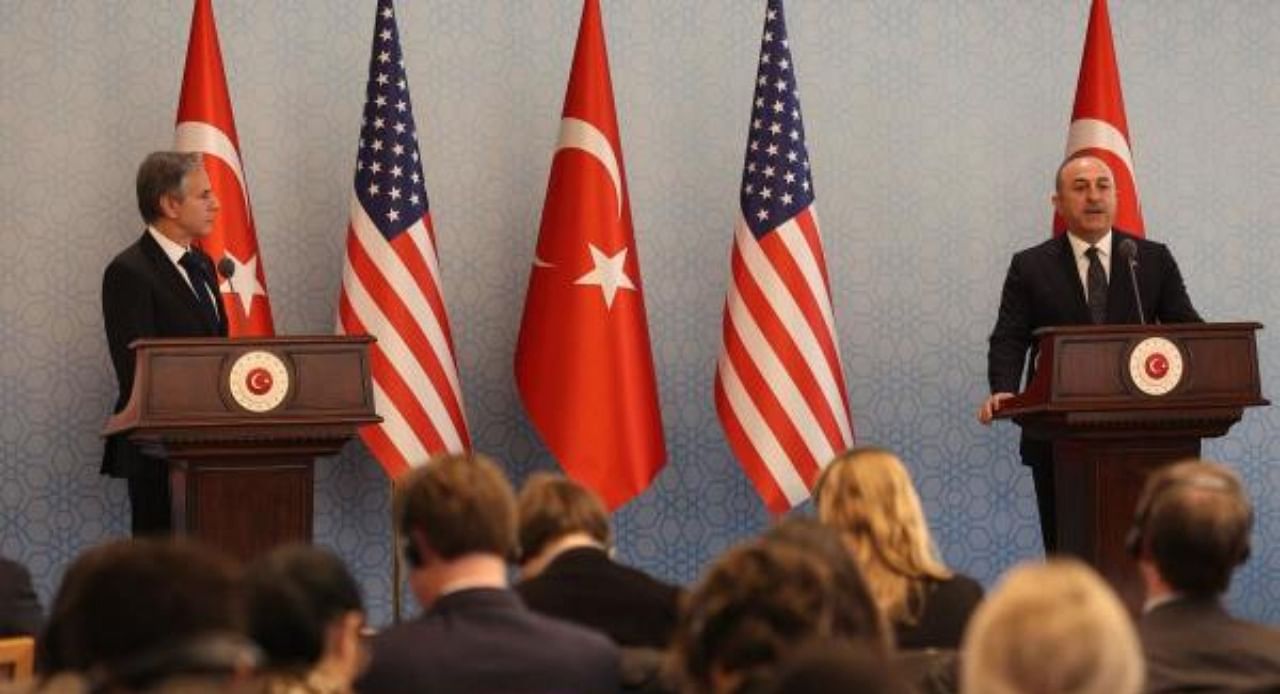 US Secretary of State Antony Blinken (L) and Turkish Foreign Minister Mevlut Cavusoglu (R) attend a press conference in Ankara, on February 20, 2023. Credit: AFP File Photo