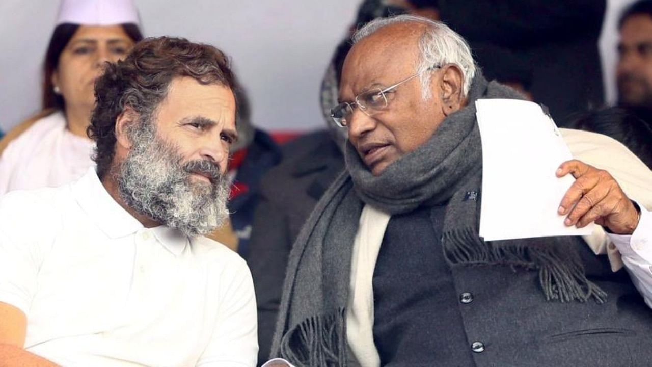 Congress leader Rahul Gandhi with party president Mallikarjun Kharge. Credit: IANS Photo