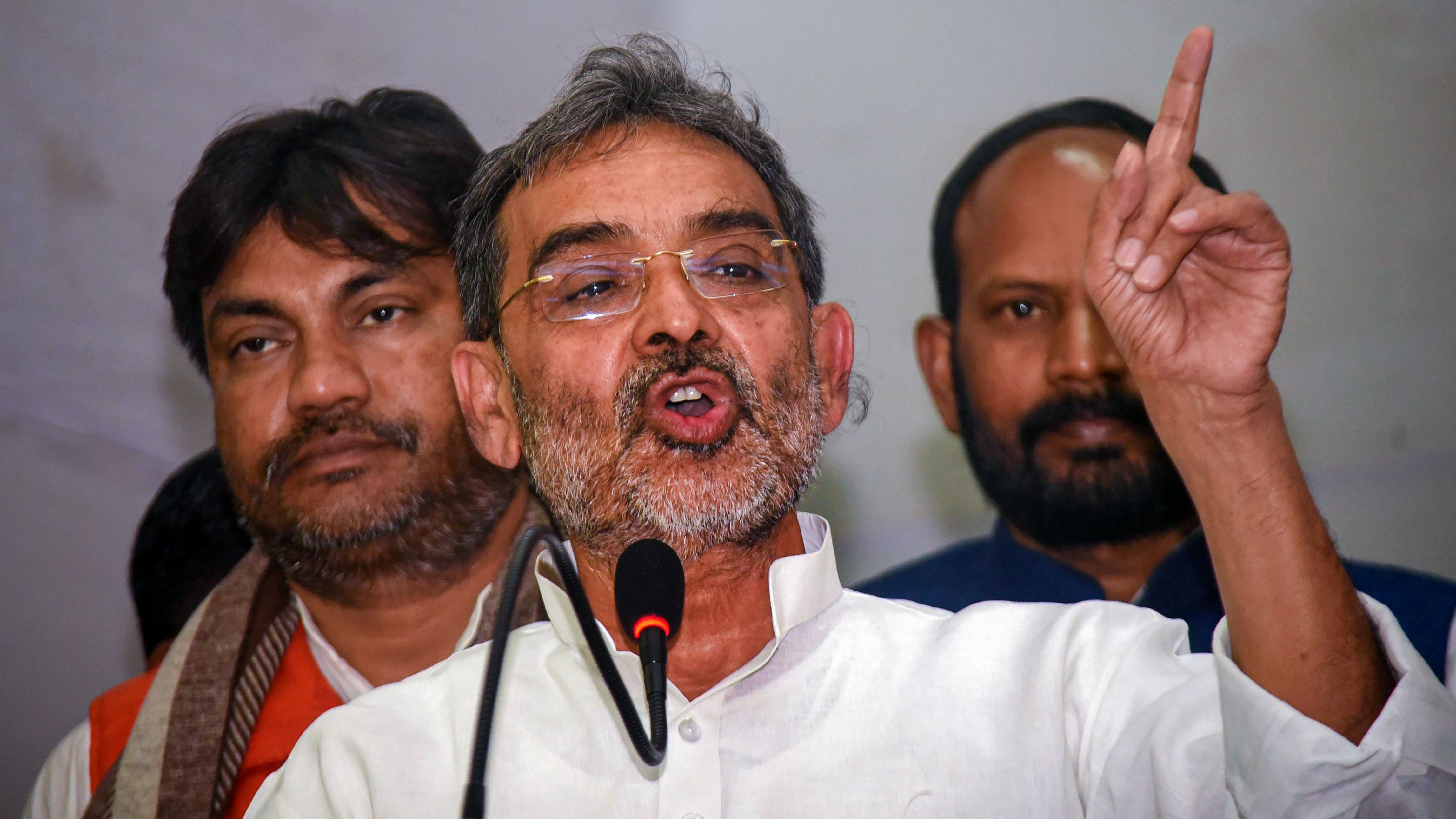 Janta Dal United (JDU) National Parliamentary Board President Upendra Kushwaha speaks during the death anniversary function of Jan Nayak Karpoori Thakur. Credit: PTI