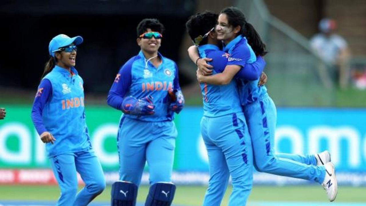 Indian players celebrate the win over Ireland during a match of ICC Women's T20 World Cup, at St George's Park in Gqeberha, South Africa. Credit: PTI Photo