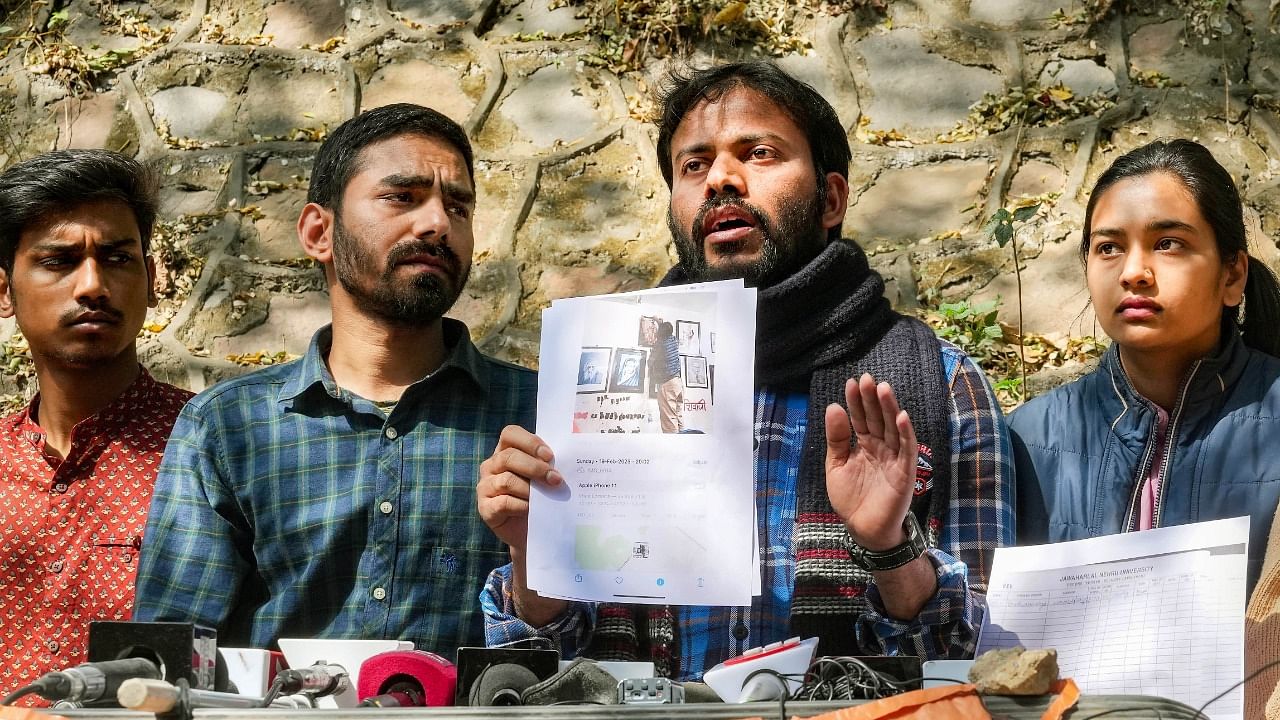  ABVP JNU President Umesh Chandra Ajmeera (2nd R) with other activists addresses the media over the incident and current developments in the Chhatrapati Shivaji Jayanti issue. Credit: PTI Photo