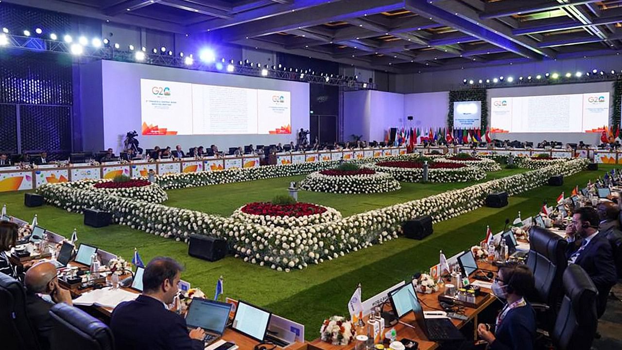 This handout photo taken and released by India's Press Information Bureau (PIB) on February 22, 2023 shows a general view of attendees during the second meeting of the G20 Finance and Central Bank Deputies under India's G20 Presidency in Bengaluru. Credit: AFP Photo