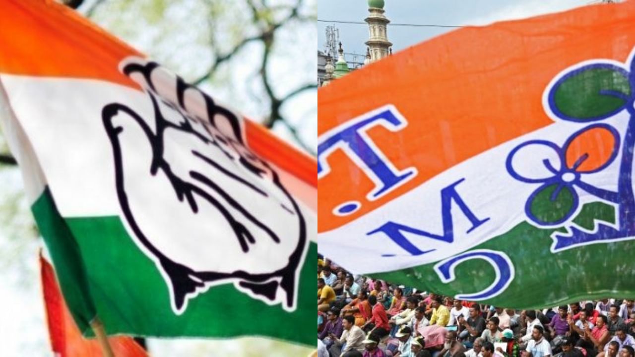 Congress flag (L) and TMC flag (R). Credit: Getty Images, AFP Photo