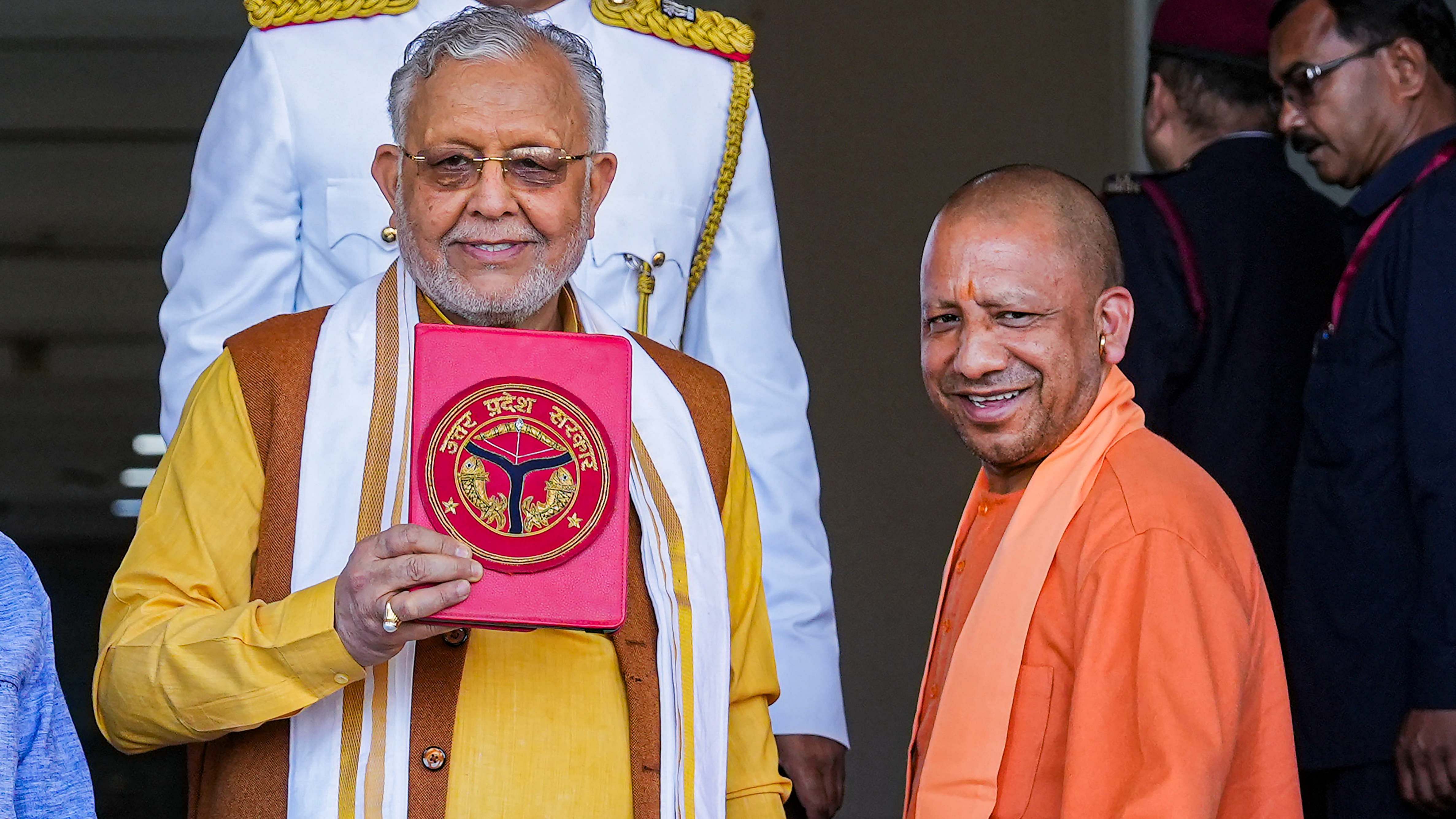 Uttar Pradesh Chief Minister Yogi Adityanath with Finance Minister Suresh Kumar Khanna before presentation of the state Budget. Credit: PTI Photo