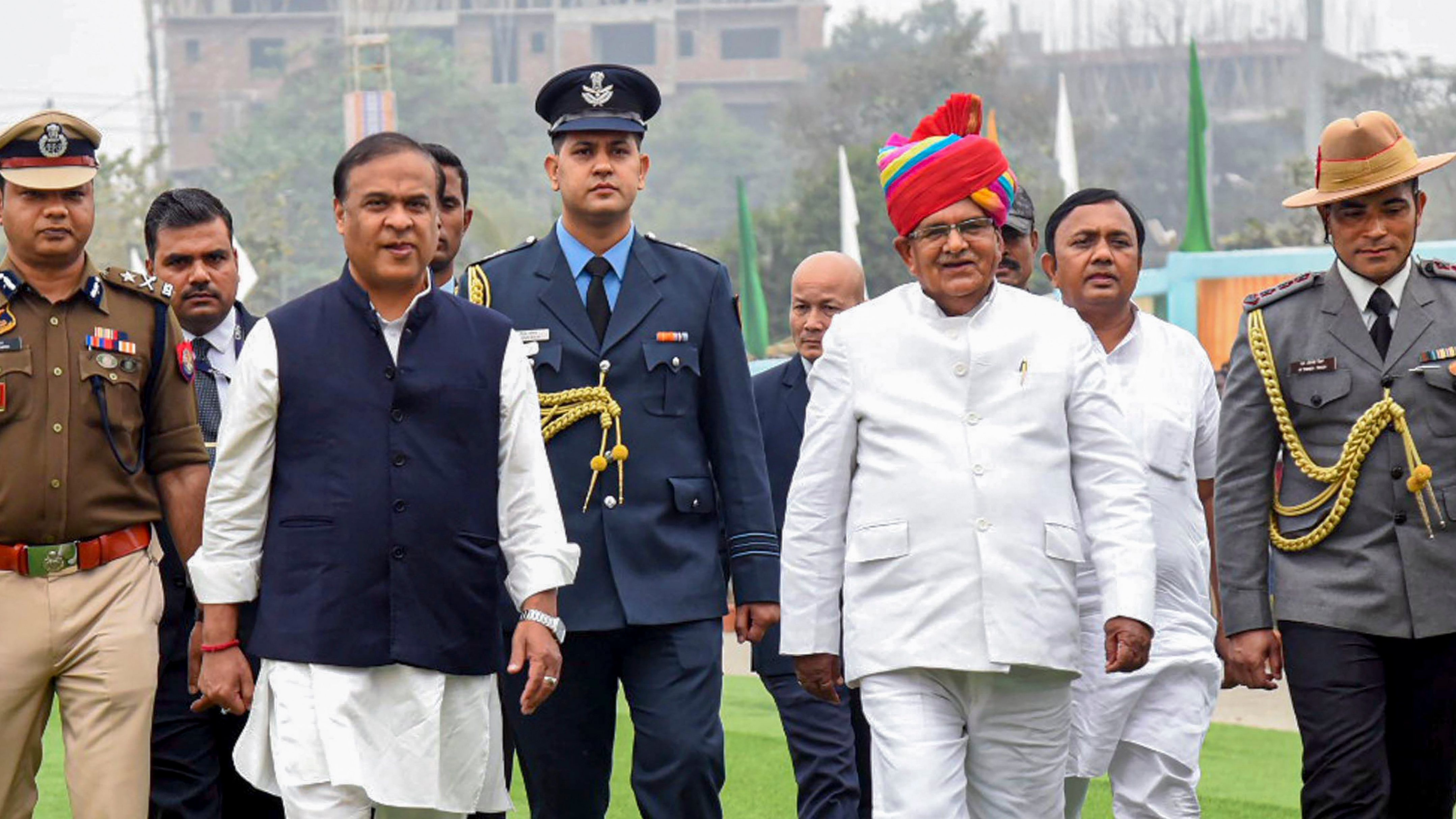 Newly sworn-in Assam Governor Gulab Chand Kataria with Chief Minister Himanta Biswa Sarma after the oath ceremony in Guwahati. Credit: PTI Photo