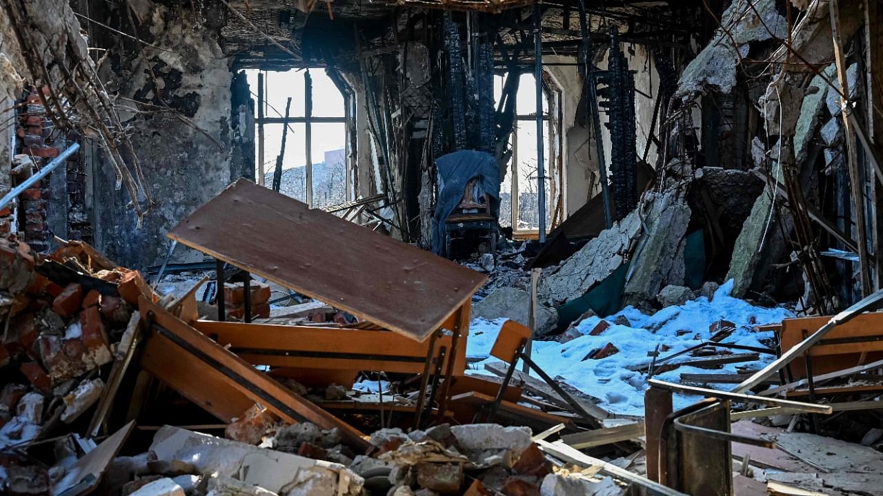 This photograph taken on February 22, 2023, shows damages in the building of Kharkiv University in Kharkiv, amid Russia's military invasion on Ukraine. Credit: AFP Photo