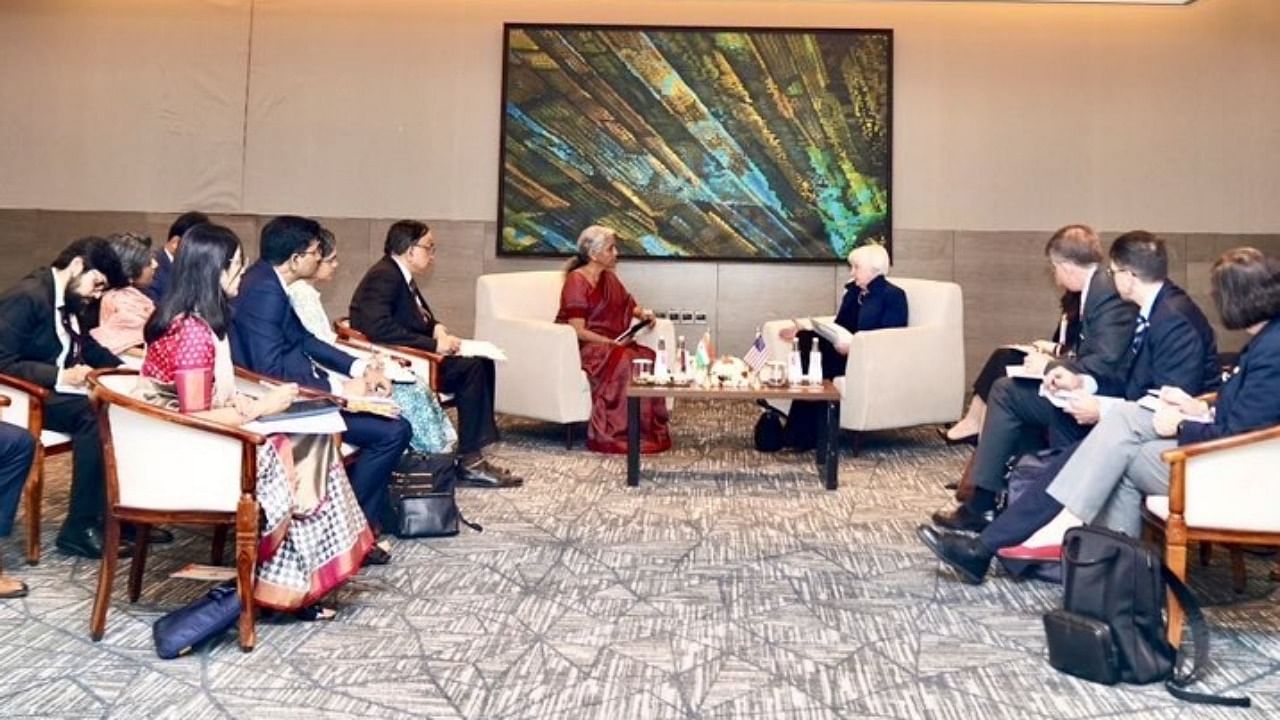 Union Finance Minister Nirmala Sitharaman meets US Treasury Secretary Jenet Yellen ahead of the G20 FMCBG meeting, in Bengaluru. Credit: IANS Photo