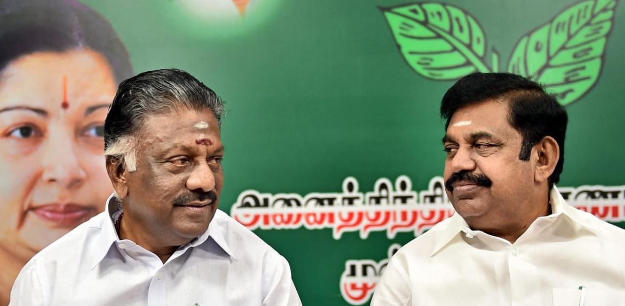 O Paneerselvam and former Tamil Nadu Chief Minister Edappadi K Palaniswami. Credit: PTI Photo