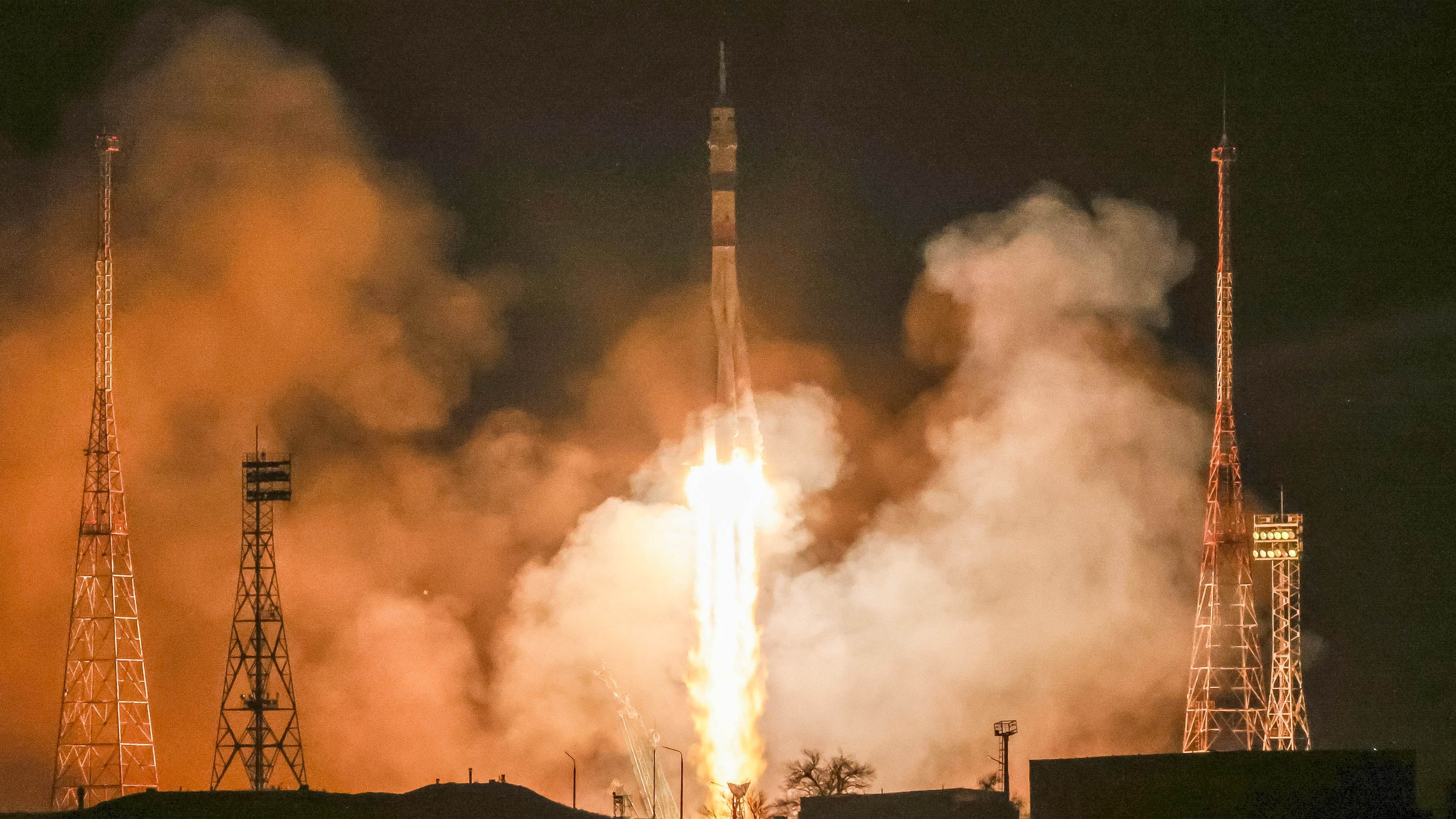 In this handout photo released by Roscosmos State Space Corporation, the new, empty Soyuz MS-23 capsule blasts off at the Russian leased Baikonur cosmodrome in Baikonur, Kazakhstan, on Friday, Feb. 24, 2023. Russia has launched a rescue ship for two cosmonauts and a NASA astronaut whose original ride sprang a dangerous leak at the International Space Station. Credit: AP/PTI