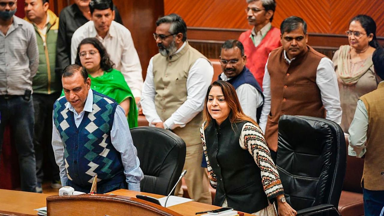 Delhi Mayor Shelly Oberoi with others during election of members of the Municipal Corporation of Delhi (MCD) Standing Committee, at the Civic Centre in New Delhi, Friday, Feb. 24, 2023. Credit; PTI Photo