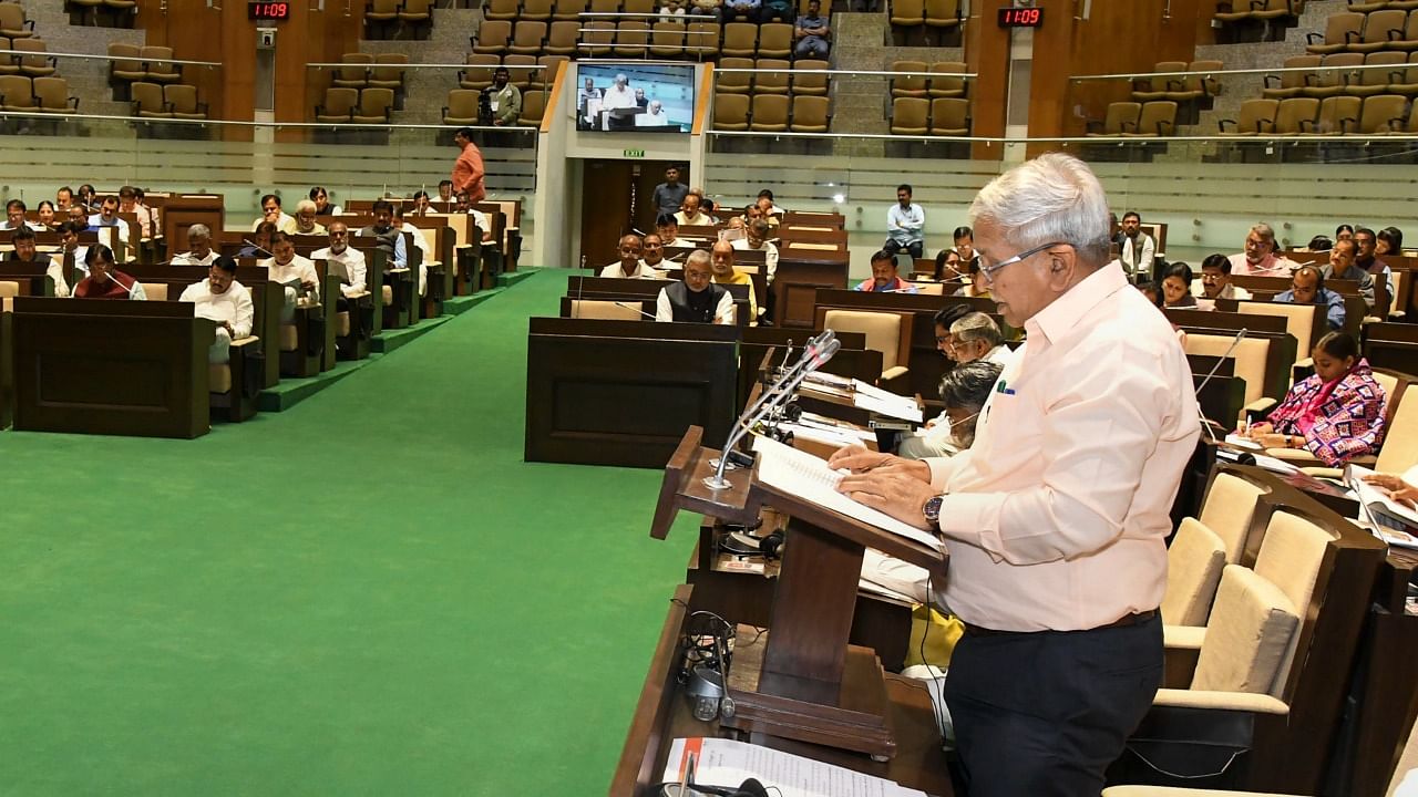 Gujarat Finance Minister Kanubhai Desai presents the State Budget 2023-24 in the Assembly, in Gandhinagar. Credit: PTI Photo
