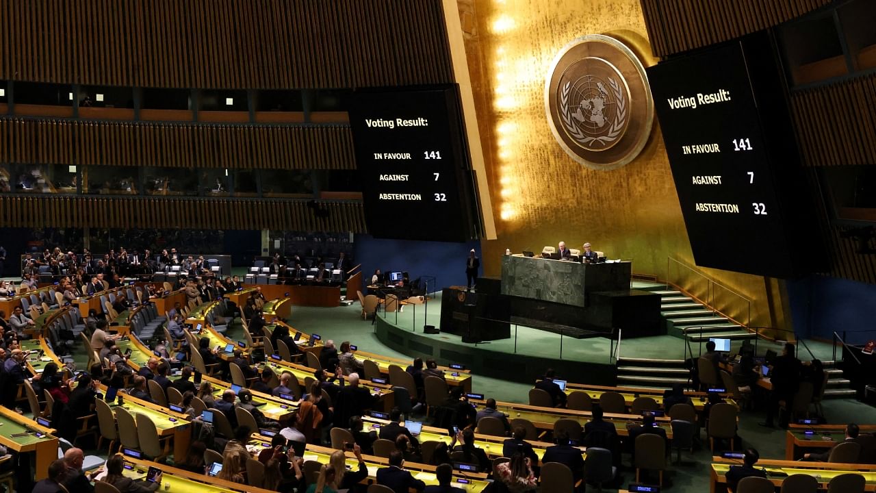 An electronic sign displays the results of a vote by delegations adopting a resolution on Ukraine during a high-level meeting of the United Nations General Assembly to mark one year since Russia invaded Ukraine, Feb 23, 2022. Credit: Reuters Photo