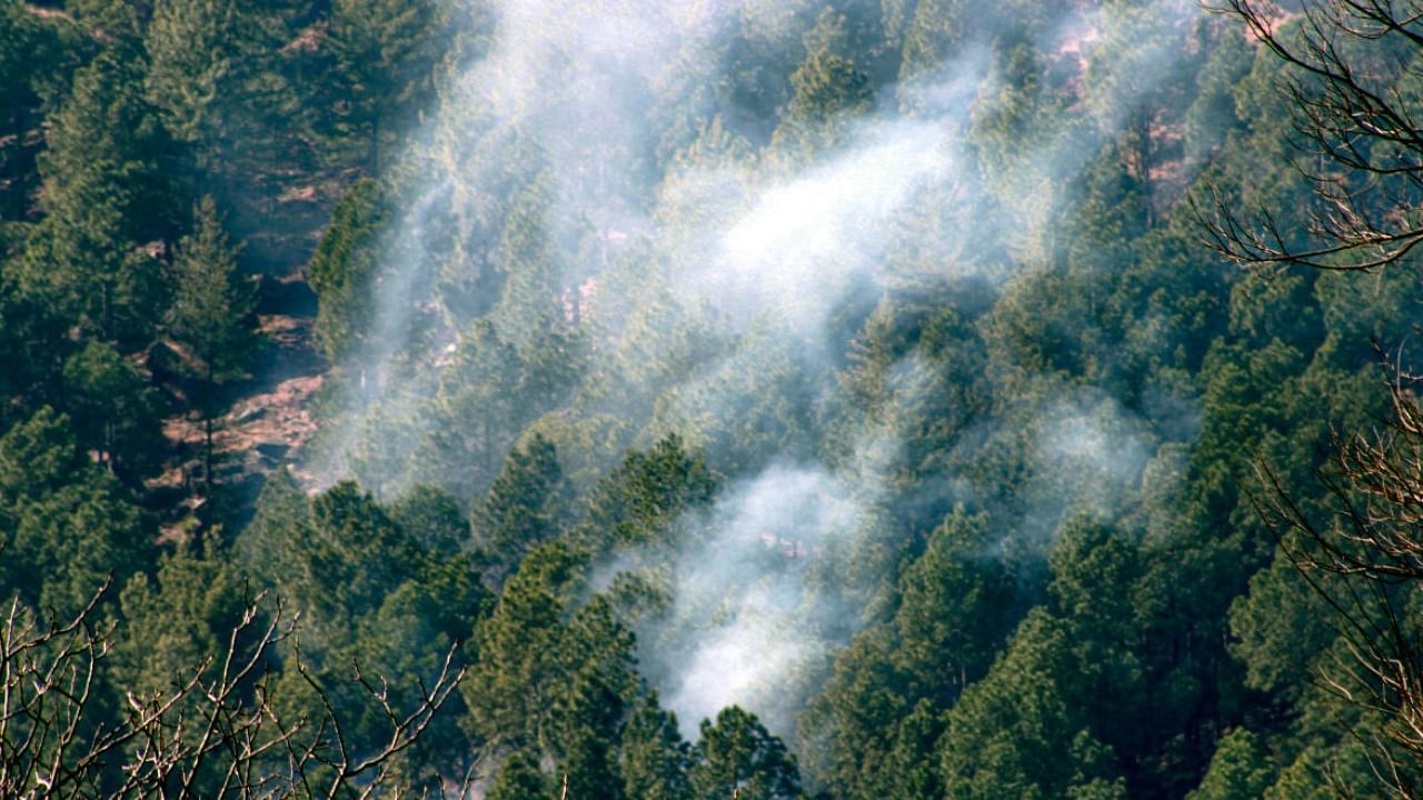  Smoke billows out after a fire broke out in a forest, in Peej area of Kullu district. Credit: PTI File Photo