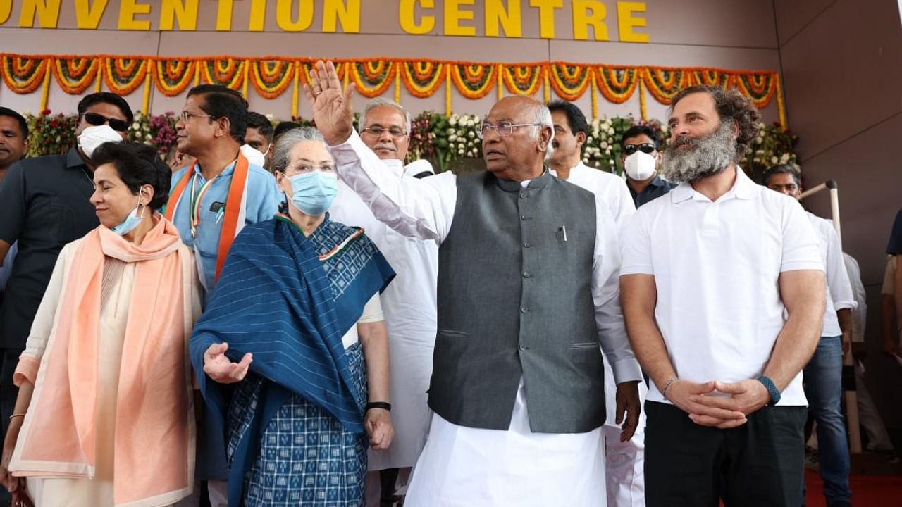 Congress President Mallikarjun Kharge with party leaders Sonia Gandhi, Rahul Gandhi, K.C. Venugopal and Selja Kumari, and Chhattisgarh CM Bhupesh Baghel during the 85th Plenary Session of the Congress. Credit: PTI Photo