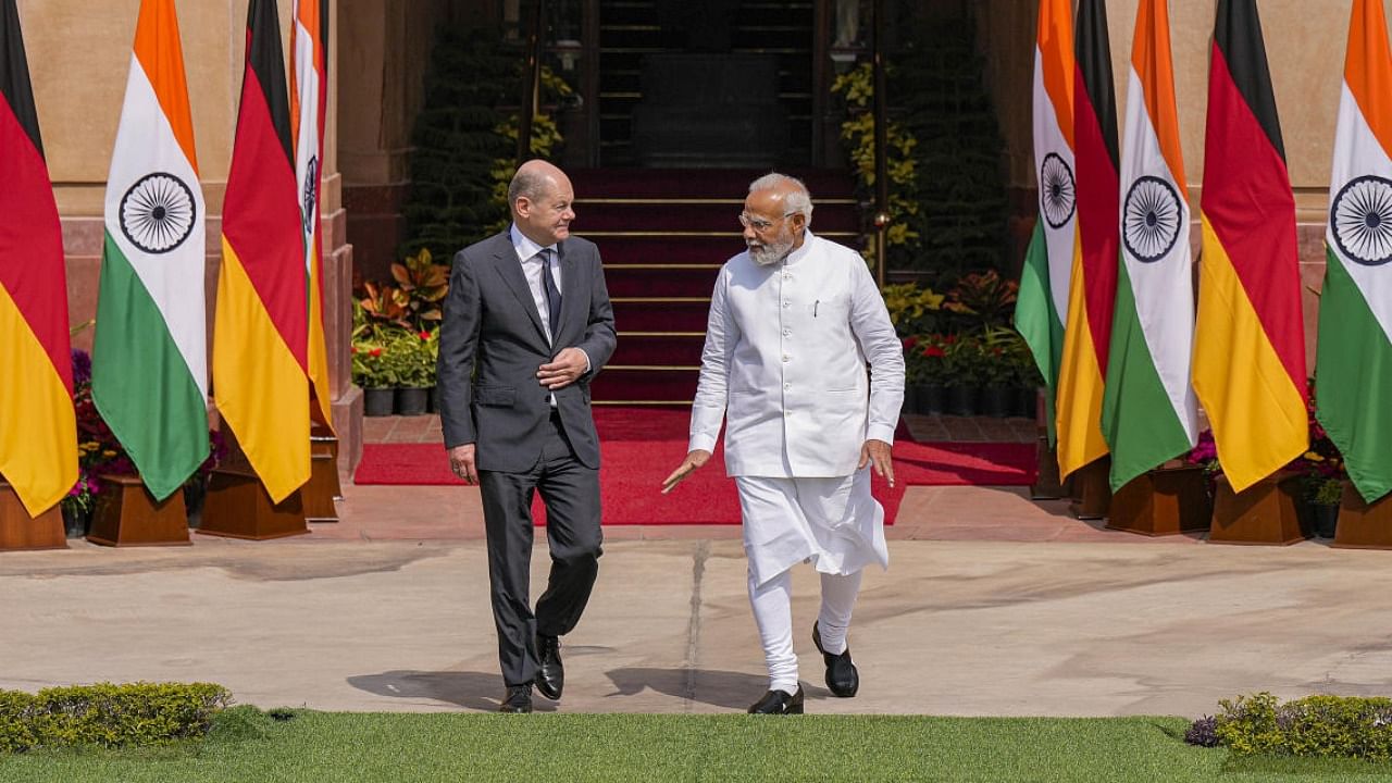 PM Narendra Modi with German Chancellor Olaf Scholz prior to their meeting at the Hyderabad House in New Delhi. Credit: PTI Photo