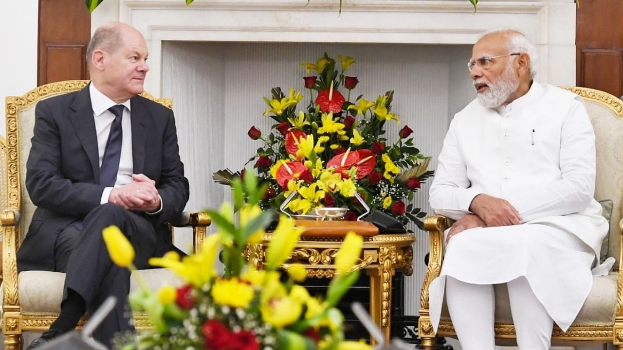 Prime Minister Narendra Modi and German Chancellor Olaf Scholz during a meeting at Hyderabad House in New Delhi on Saturday, Feb 25, 2023. Credit: IANS Photo