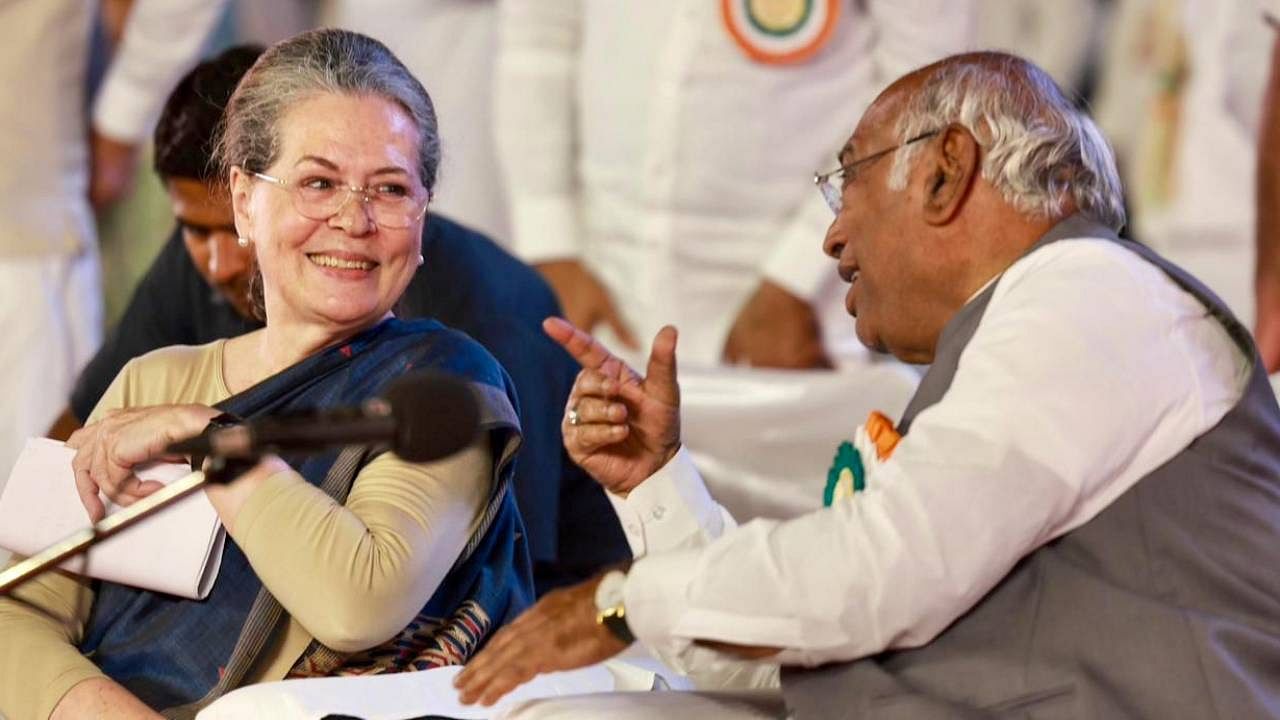 Congress National President Mallikarjun Kharge and Party leader Sonia Gandhi during the 2nd day of Congress' 85th Plenary Session in Raipur. Credit: IANS Photo