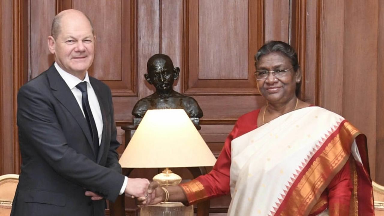 President Droupadi Murmu with German Chancellor Olaf Scholz . Credit: PTI Photo