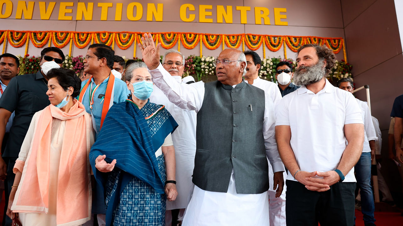 Congress President Mallikarjun Kharge with party leaders Sonia Gandhi, Rahul Gandhi, K.C. Venugopal and Selja Kumari, and Chhattisgarh Chief Minister Bhupesh Baghel during the 85th Plenary Session of the Indian National Congress. Credit: PTI Photo