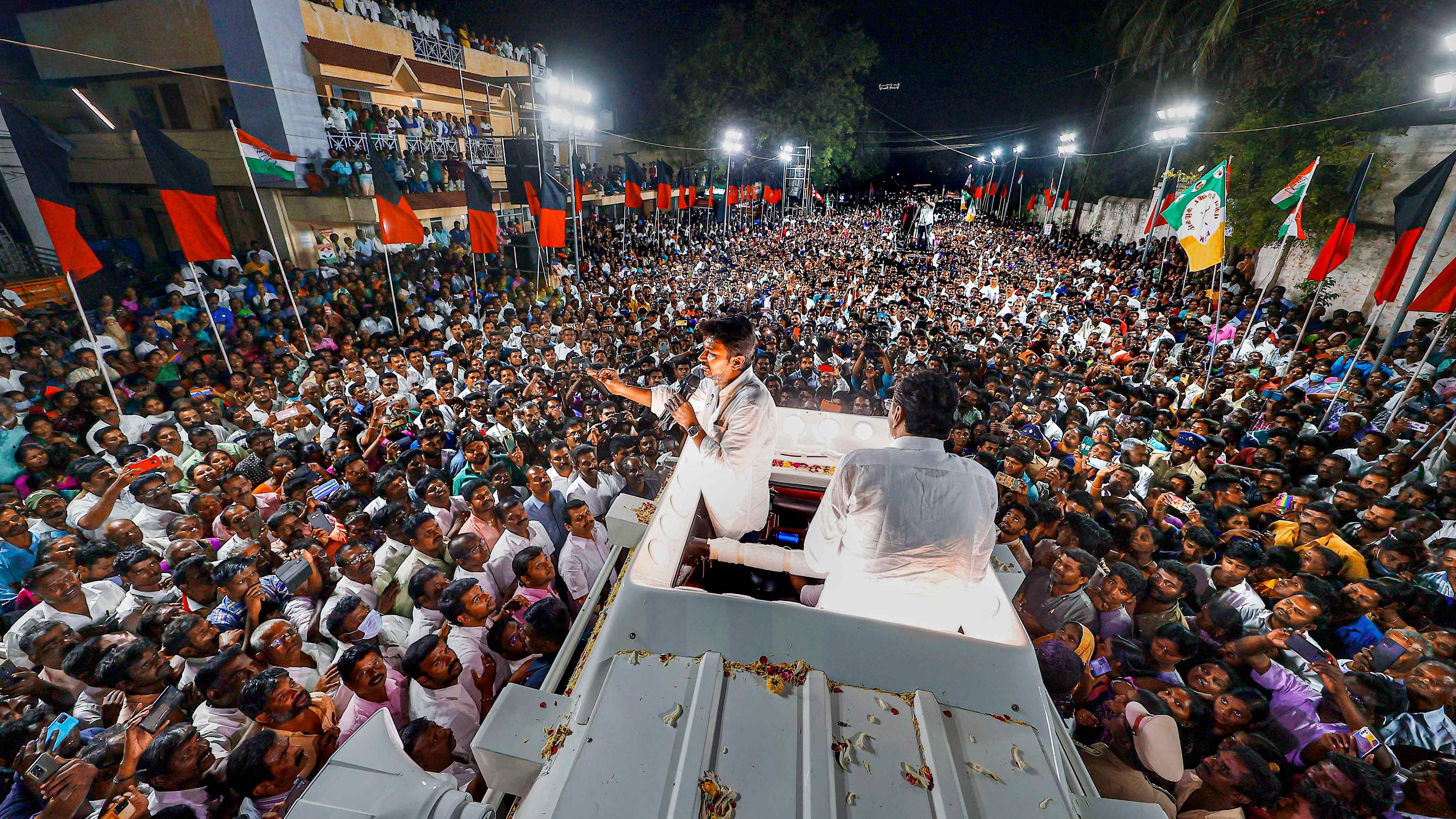 Dravida Munnetra Kazhagam (DMK) leader and Tamil Nadu Minister Udhayanidhi Stalin during a campaign in support of the DMK-backed Secular Progressive Alliance candidate EVKS Elangovan for the Erode (East) Assembly seat by-poll.  Credit: PTI Photo