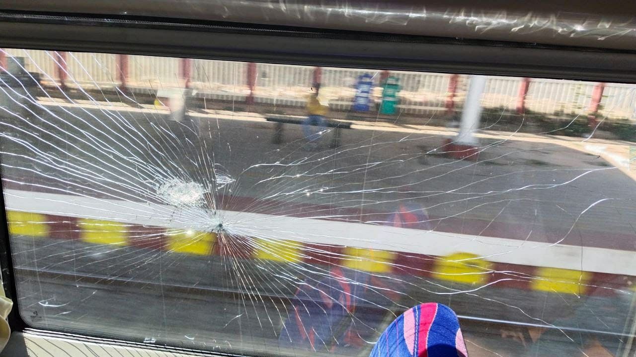 One of the damaged windows on the Chennai-Mysuru Vande Bharat Express on Saturday. Credit: Special arrangement