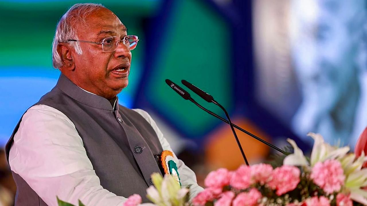 Congress President Mallikarjun Kharge speaks during the 85th Plenary Session of the Indian National Congress, in Raipur, Saturday. Credit: PTI Photo