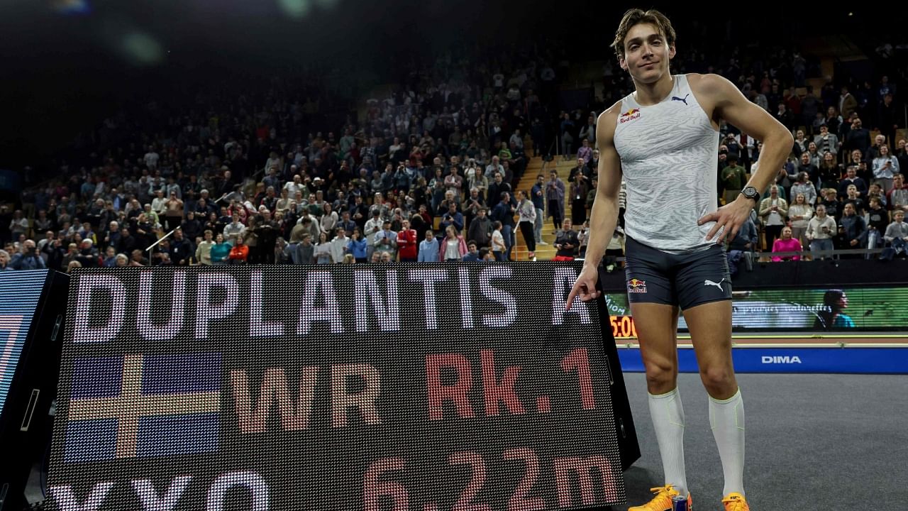 Swedish athlete Armand Duplantis poses for a photograph as he celebrates after setting a new pole vault world record (6.22m) during the men's paul volt event at the International indoor athletics meeting All Star Perche at the Sports House, in Clermont-Ferrand, central France, on February 25, 2023. Credit: AFP Photo