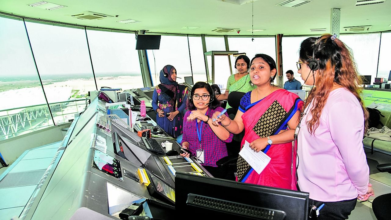 Women at the Air Traffic Control Tower of the Kempegowda International Airport, Bengaluru. An all-woman team took charge of the operations at the airport on March 8, 2022. Credit: DH Photo