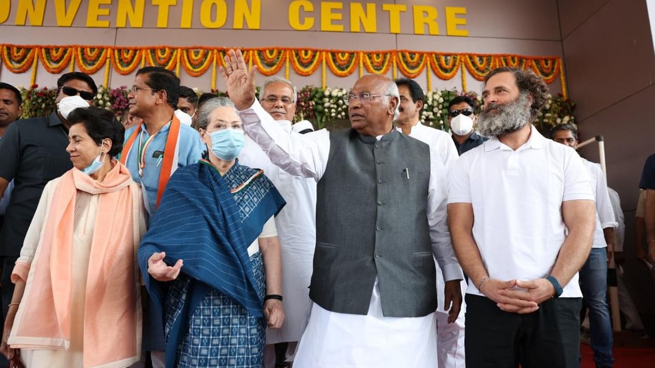 Congress President Mallikarjun Kharge with Sonia and Rahul Gandhi, K C Venugopal and Selja Kumari, and Chhattisgarh CM Bhupesh Baghel during the 85th Plenary Session of INC. Credit: PTI File Photo