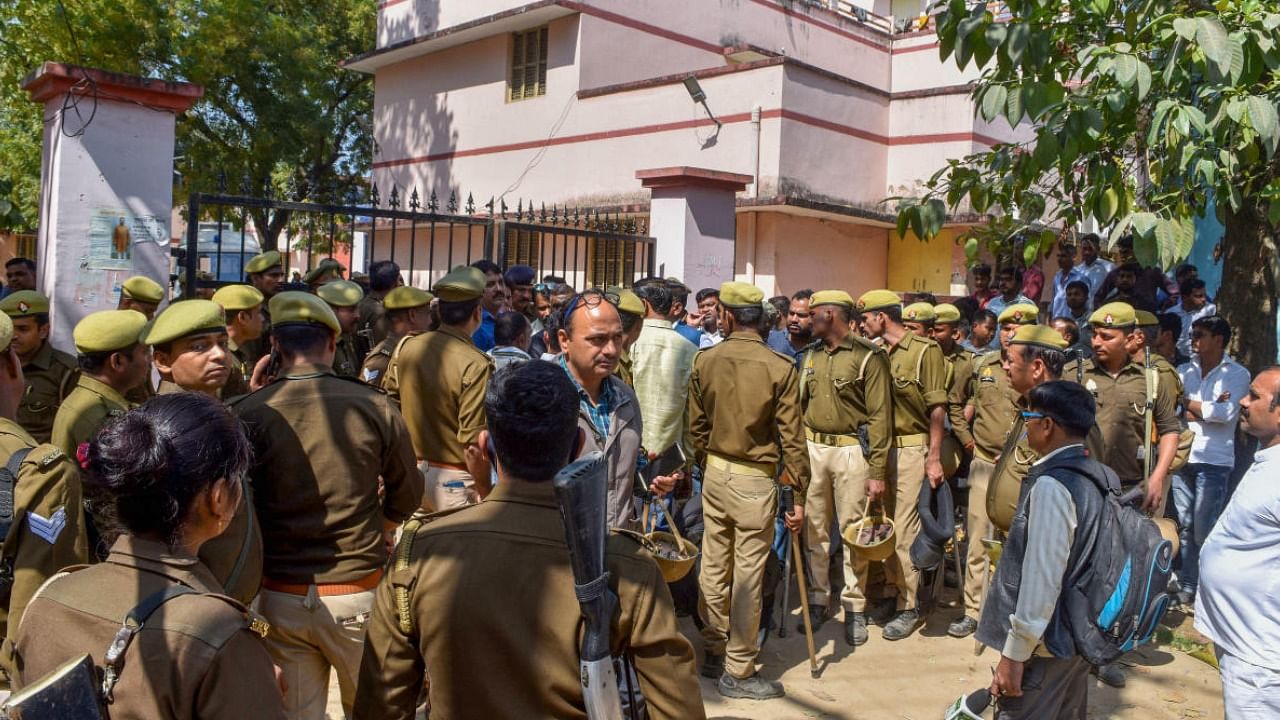 Cops deployed outside a hospital during the postmortem of witness Umesh Pal in former BSP MLA Raju Pal murder case, who was killed by assailants last week. Credit: PTI File Photo
