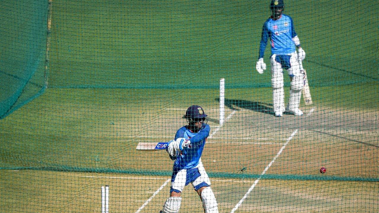 Indian cricketers Shubman Gill and KL Rahul during a practice session ahead of the 3rd test cricket match between India and Australia, at Holkar Cricket Stadium in Indore. Credit: PTI Photo